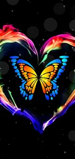 Vibrant butterfly within a heart-shaped flame on black background.