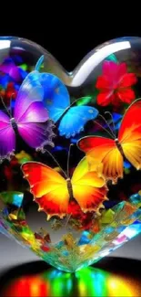 Vibrant heart-shaped wallpaper with colorful butterflies.