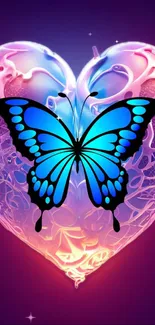 Blue butterfly on vibrant heart design wallpaper.