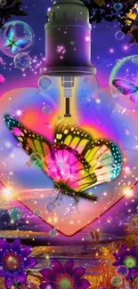 Colorful butterfly heart wallpaper with neon glow and flowers.