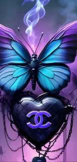 Vivid butterfly on a heart with mystic smoke and purple tones.