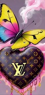 Colorful butterfly on designer heart wallpaper.