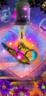 Colorful butterfly glowing inside a heart-shaped lamp.