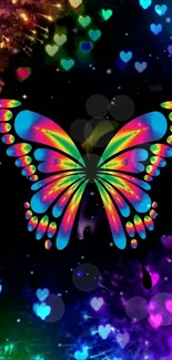 Vibrant butterfly with colorful wings on a dark heart-patterned background.