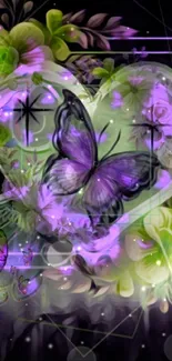 Vibrant butterfly and heart floral wallpaper in purple and green hues.