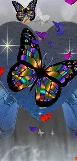 Colorful butterflies surround a blue heart with radiant wings and vibrant hues.