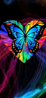 Colorful wallpaper with a blue butterfly on a vibrant heart background.