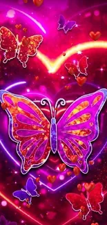 Vibrant butterfly and neon heart wallpaper in magenta tones.