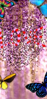 Colorful butterflies and hearts on a purple background.