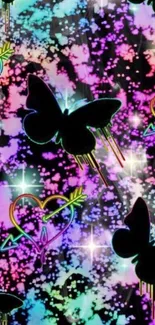 Colorful neon butterfly and heart wallpaper.