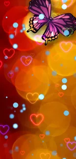 Vibrant butterfly and heart bokeh wallpaper.