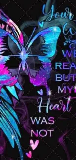 Colorful cosmic butterfly with heart motif and inspirational quote.