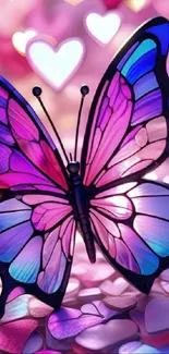 Vibrant butterfly with heart shapes and purple hues in a mobile wallpaper.