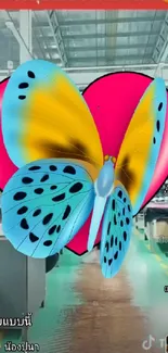 Colorful butterfly on a heart background wallpaper.