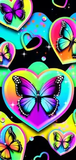 Colorful neon butterfly heart wallpaper with vibrant designs.