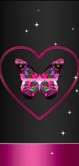 Colorful butterfly within a magenta heart on black background.