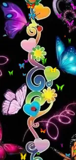 Colorful butterfly and heart mobile wallpaper with floral accents on black background.