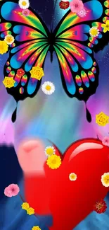 Colorful butterfly with heart and flowers wallpaper.