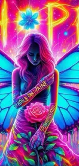 Fantasy art with neon butterfly wings and inspirational text.