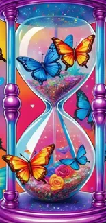 Colorful butterflies inside an artistic hourglass design on a vibrant background.