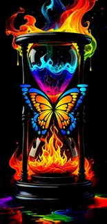 Colorful butterfly hourglass with vibrant flames.