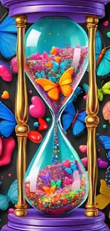 Hourglass surrounded by colorful butterflies, hearts, and roses.