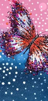 Colorful abstract butterfly on pink and blue background.