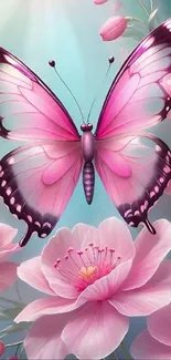 Pink butterfly with flowers wallpaper for mobile.