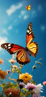 Colorful butterfly above a vibrant floral field under a blue sky.