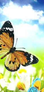 Vibrant butterfly on wildflowers under a sunny sky wallpaper.