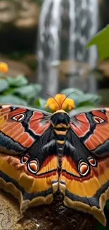 Vibrant butterfly with colorful wings near a waterfall.