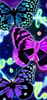 Vibrant butterfly wallpaper with neon inspiration words.