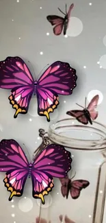 Purple butterflies flutter around a glass jar.