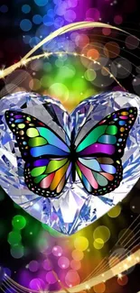 Multicolor butterfly on jewel heart with vibrant bokeh background.