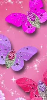 Pink wallpaper with jeweled butterflies and floral accents.