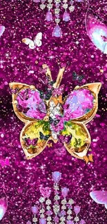 Vibrant butterfly jewel design on purple glittery background.