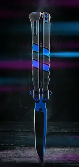 Vibrant butterfly knife with neon hues and intricate design on a dark background.