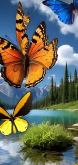 Colorful butterflies in a mountain landscape with a tranquil lake.