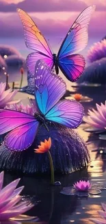 Colorful butterflies over glowing flowers.