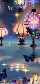 Colorful lanterns and butterflies wallpaper with blue hues.