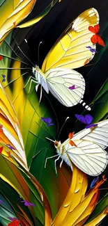 Two butterflies on vibrant leaves with dynamic colors.