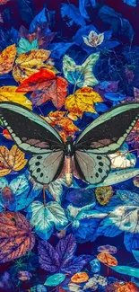 Vibrant butterfly resting on colorful autumn leaves in nature inspired wallpaper.