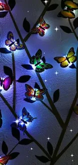 Colorful butterfly lights on dark branches.