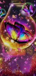 Vibrant butterfly inside light bulb amidst colorful, magical background.