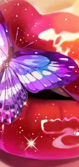 Vibrant red lips with purple butterfly art.