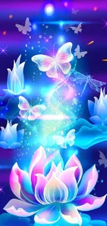 Vibrant wallpaper with glowing butterflies and lotus flowers in a blue night scene.