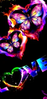 Vibrant butterflies and love design on black background