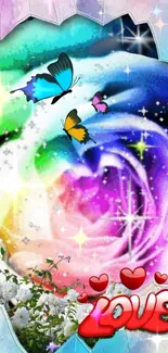 Vibrant wallpaper with butterflies and a rainbow rose, exuding love and nature.