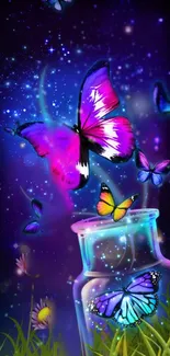 Vibrant butterflies escaping a jar under a starry purple sky.