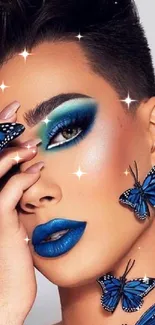 Bold blue butterfly makeup art with vivid colors.